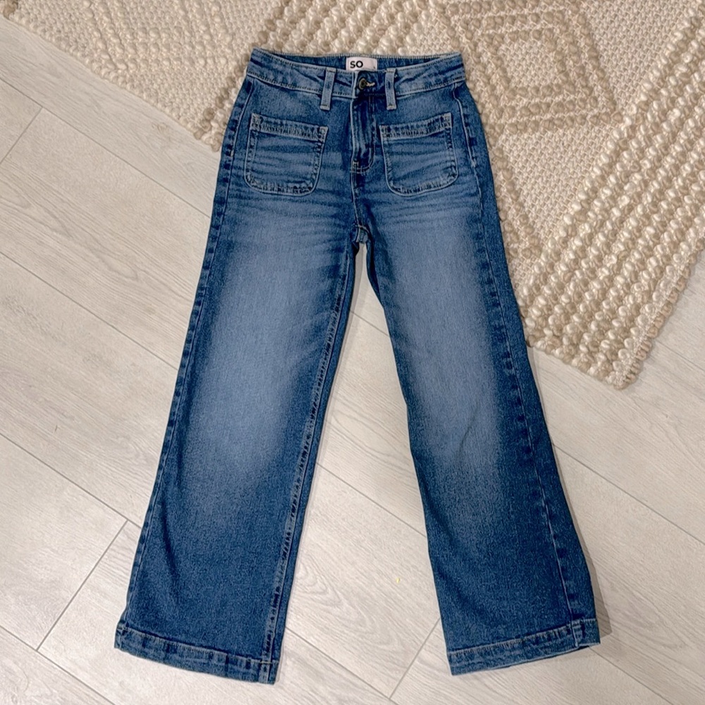 SO Girls Wide Leg Jeans / Medium Wash Whiskers / Adjustable Waist Size 8 / NWOT